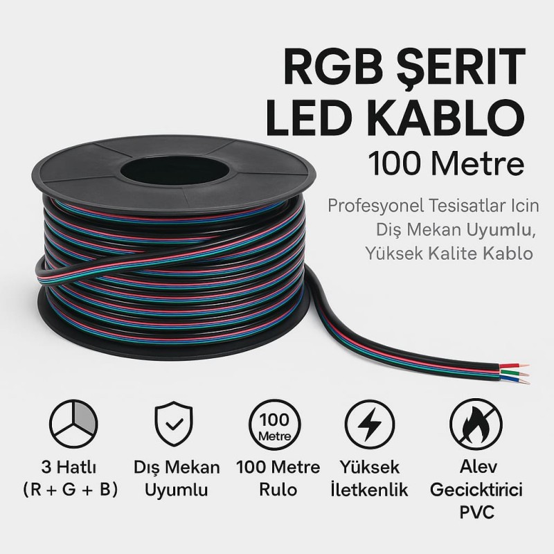 RGB Şerit LED Kablo – 100 Metre | Dış Mekan Uyumlu Yüksek Kalite 3 Hatlı Kablo