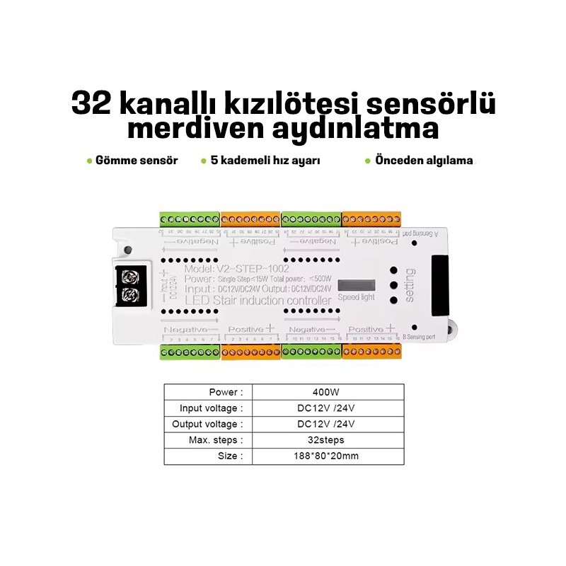32 Basamaklı Akıllı Merdiven Sensörü – 12V / 24V Kademeli LED Kontrol Ünitesi
