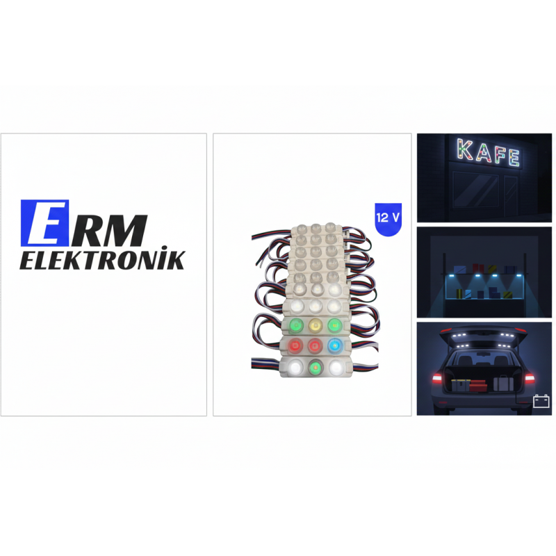 12V 3W RGB Lensli Modül LED - 3’lü 3030 Çipli | 20’li Paket